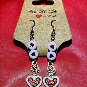 Handmade Love Heart Earrings - Red and White